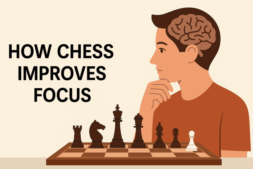Illustration of a person thinking while looking at a chessboard, with a brain graphic showing how chess improves focus