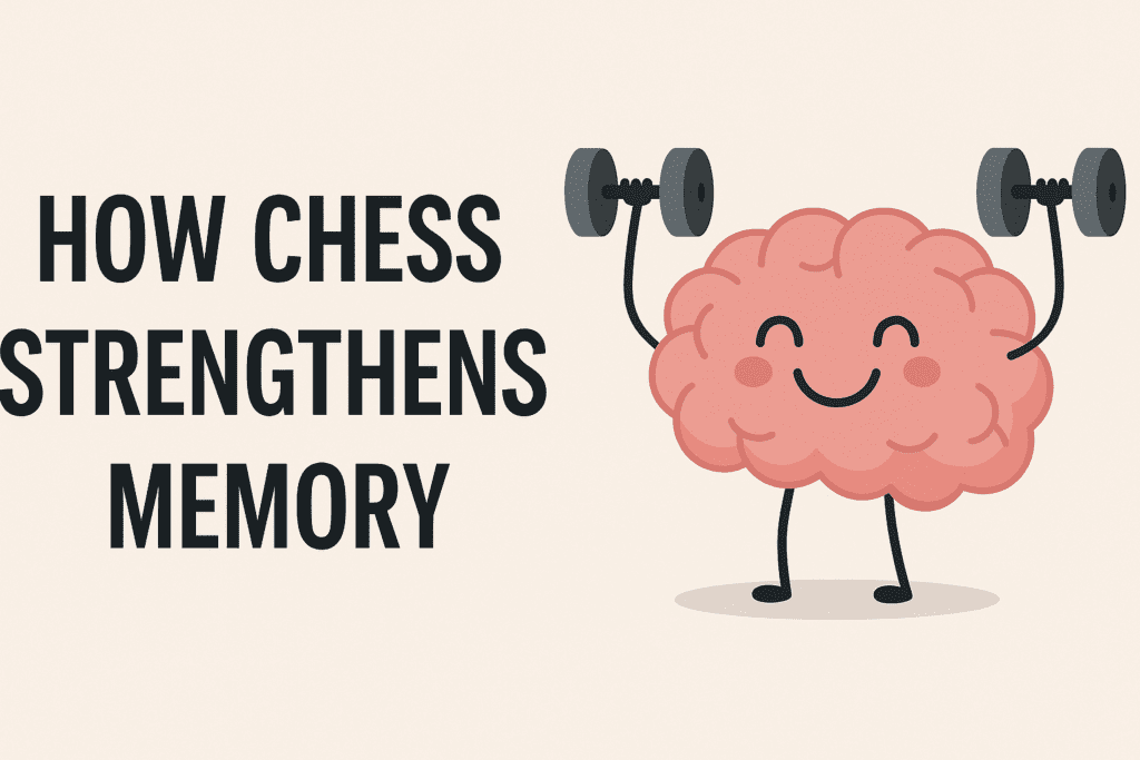 Cute illustration of a smiling brain lifting dumbbells, symbolizing how playing chess helps strengthen memory